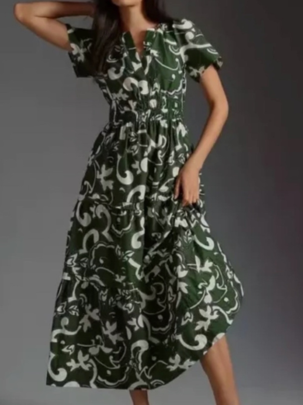 Anthropologie The Somerset Maxi Dress Tiered Smock Waist Green White Motif Sz XS